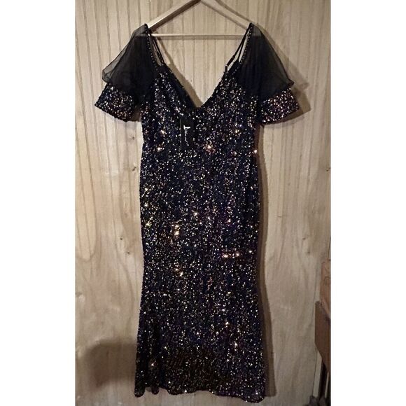 Miss Ord Evening Dress Womens 4XL Black V Neck Short Sheer Sleeve Gown Sequins - Picture 3 of 7